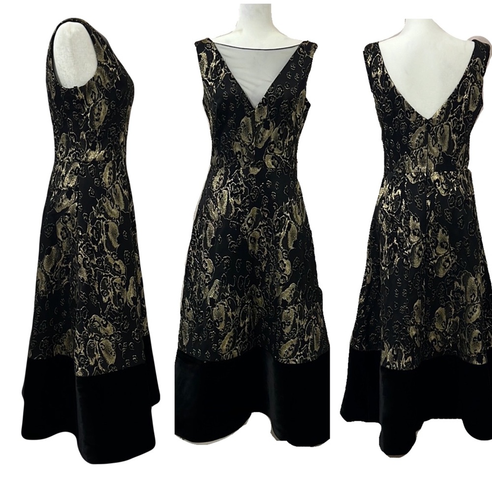 Theia Black velvet and gold brocade neck gown